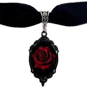 Dark Red Rose Flower Black Velvet Choker Necklace for Women Gothic Vintage Victo